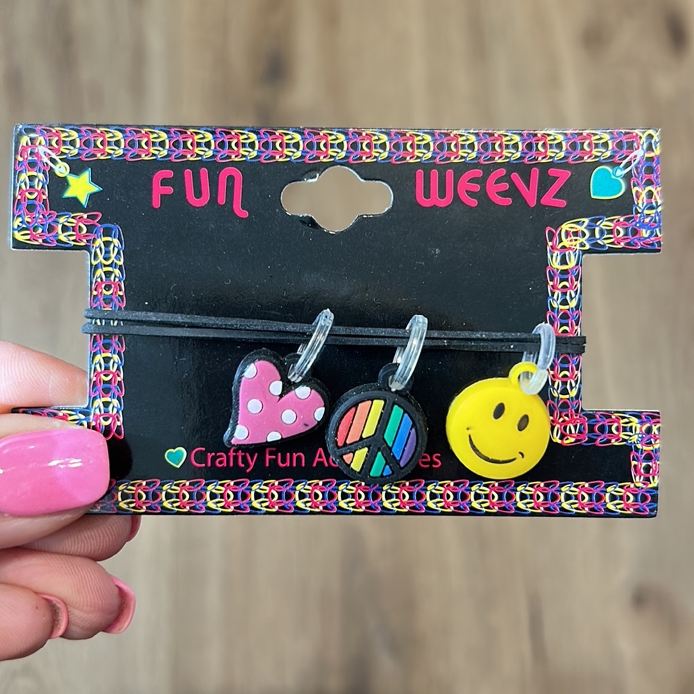 Fun Weevz charms for crafty fun accessories. A heart, rainbow peace sign & smile